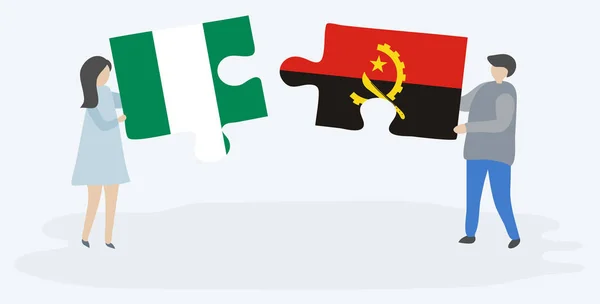 Paar Houden Twee Puzzels Stukken Met Nigeriaanse Angolese Vlaggen Nigeria — Stockvector