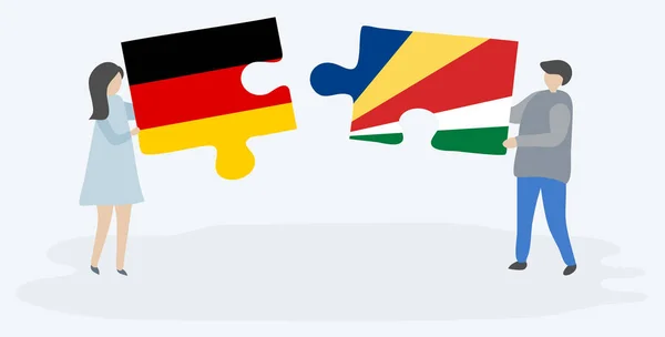 Pár Jich Drží Dvě Skládanky Německými Seychellois Vlajkami Německo Seychelské — Stockový vektor