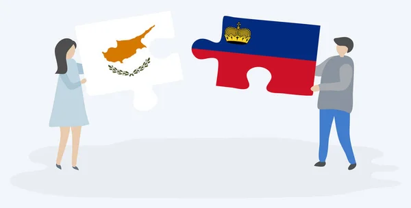 キプロスとリヒテンシュタインの旗を持つ2つのパズルピースを保持しているカップル キプロスとリヒテンシュタインの国のシンボル — ストックベクタ
