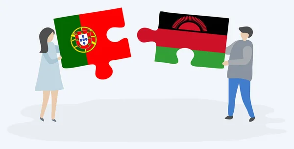 ポルトガルとマラウイの旗を持つ2つのパズルピースを保持しているカップル ポルトガルとマラウイのシンボル — ストックベクタ