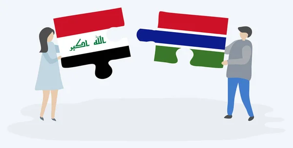Pareja Sosteniendo Dos Piezas Rompecabezas Con Banderas Iraquíes Gambianas Iraq — Vector de stock