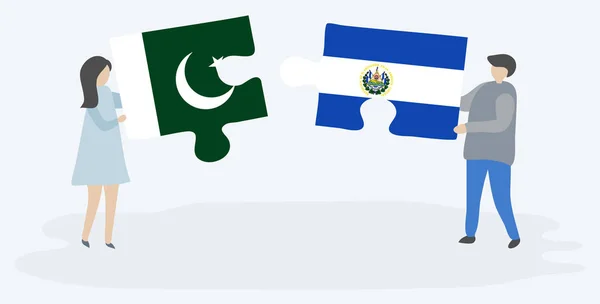 Couple Tenant Deux Pièces Puzzles Avec Des Drapeaux Pakistanais Salvadoriens — Image vectorielle