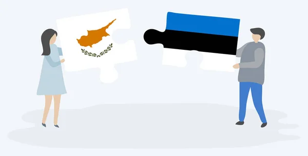 Casal Segurando Duas Peças Quebra Cabeças Com Bandeiras Cipriotas Estonianas —  Vetores de Stock