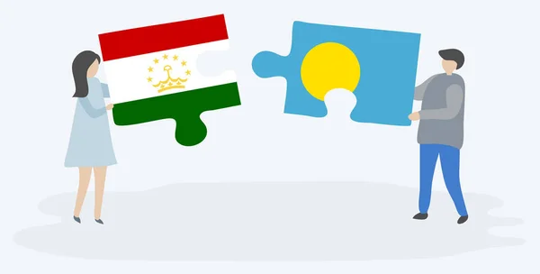 タジキスタンとパラオの旗を持つ2つのパズルピースを保持しているカップル タジキスタンとパラオの国のシンボル — ストックベクタ
