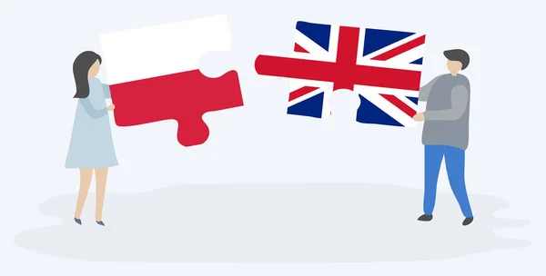 Pareja Sosteniendo Dos Piezas Rompecabezas Con Banderas Polacas Británicas Polonia — Vector de stock
