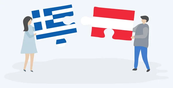Ζευγάρι Που Κρατά Δύο Κομμάτια Παζλ Ελληνικές Και Αυστριακές Σημαίες — Διανυσματικό Αρχείο