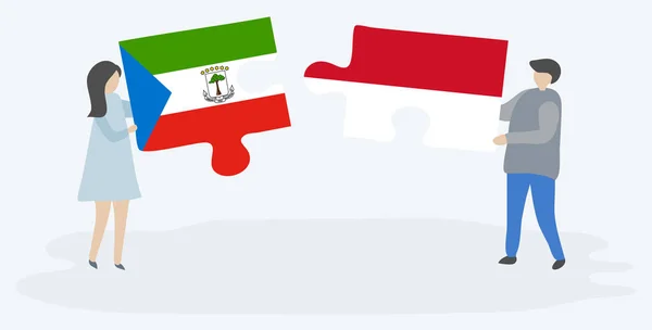 Par Som Innehar Två Pusselbitar Med Ekvatorialguineas Och Indonesiska Flaggor — Stock vektor
