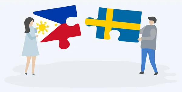 Couple Holding Two Puzzles Pieces Filipino Swedish Flags Philippines Sweden — Stock Vector