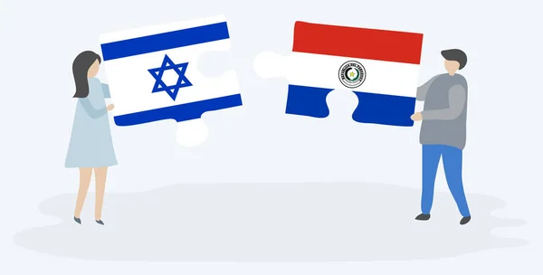 イスラエルとパラグアイの旗を持つ2つのパズルのピースを保持しているカップル イスラエルとパラグアイのシンボル — ストックベクタ