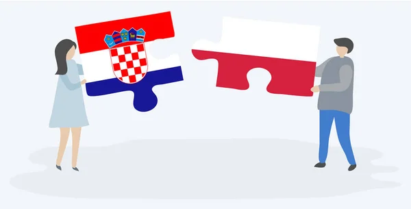 Ζευγάρι Που Κρατά Δύο Κομμάτια Παζλ Κροατικές Και Πολωνικές Σημαίες — Διανυσματικό Αρχείο