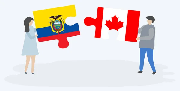 一对夫妇拿着两块拼图 上面挂着厄瓜多尔和加拿大国旗 厄瓜多尔和加拿大国家符号在一起 — 图库矢量图片