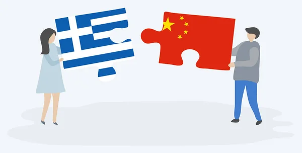 Ζευγάρι Που Κρατά Δύο Κομμάτια Παζλ Ελληνικές Και Κινεζικές Σημαίες — Διανυσματικό Αρχείο