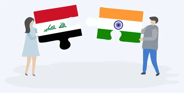 Casal Segurando Duas Peças Quebra Cabeças Com Bandeiras Iraquianas Indianas — Vetor de Stock