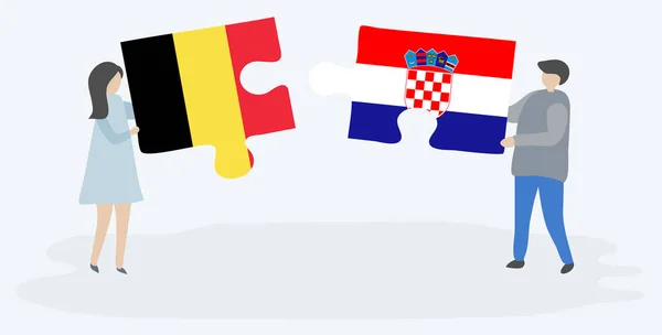 Ζευγάρι Που Κρατά Δύο Κομμάτια Παζλ Βελγικές Και Κροατικές Σημαίες — Διανυσματικό Αρχείο
