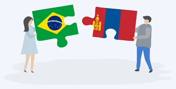 Couple Tenant Deux Pièces Puzzles Avec Des Drapeaux Brésiliens Mongols — Image vectorielle