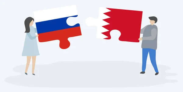 Couple Tenant Deux Pièces Puzzles Avec Des Drapeaux Russes Bahreïnis — Image vectorielle