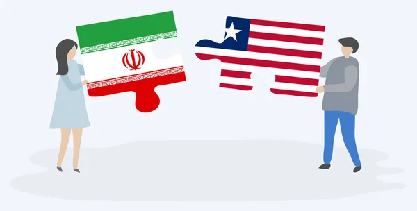 Par Som Innehar Två Pusselbitar Med Iranska Och Liberian Flaggor — Stock vektor