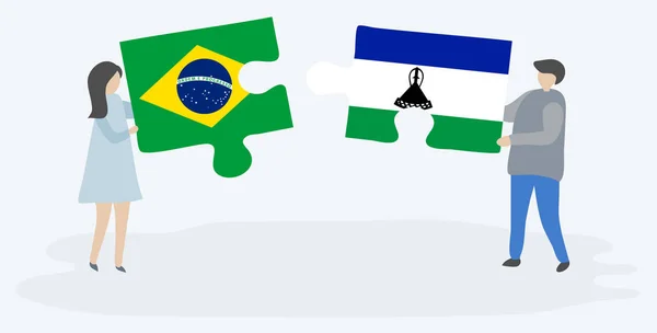 Casal Segurando Duas Peças Quebra Cabeças Com Bandeiras Brasileiras Basotho —  Vetores de Stock