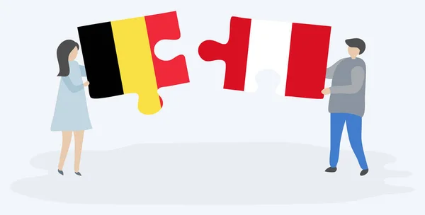 Couple Holding Two Puzzles Pieces Belgian Peruvian Flags Belgium Peru — Stock Vector