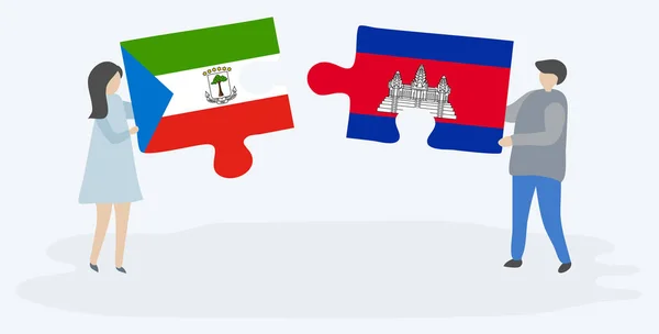 Par Som Innehar Två Pusselbitar Med Ekvatorialguineansk Och Kambodjanska Flaggor — Stock vektor