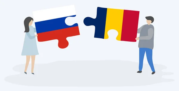 Ζευγάρι Που Κρατά Δύο Κομμάτια Παζλ Σημαίες Των Ρώσων Και — Διανυσματικό Αρχείο