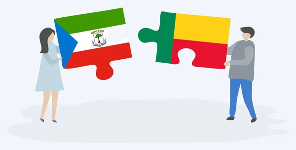 Dvojice Která Drží Dvě Skládanky Rovníkové Guineji Benijské Vlajky Národní — Stockový vektor