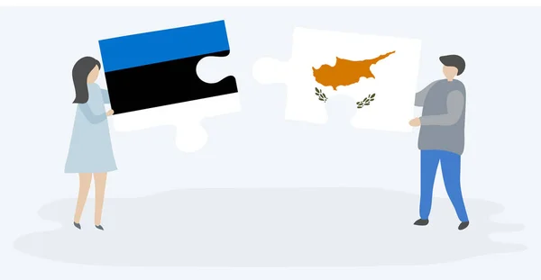 Pareja Sosteniendo Dos Piezas Rompecabezas Con Banderas Estonias Chipriotas Estonia — Archivo Imágenes Vectoriales