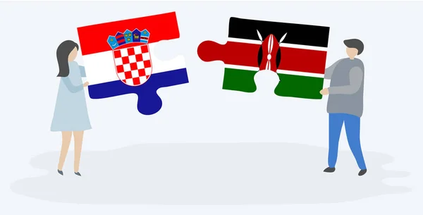 Ζευγάρι Που Κρατά Δύο Κομμάτια Παζλ Τις Σημαίες Της Κροατίας — Διανυσματικό Αρχείο