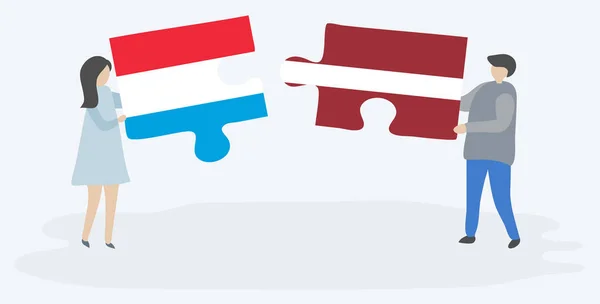 Couple Tenant Deux Pièces Puzzles Avec Des Drapeaux Luxembourgeois Lettons — Image vectorielle