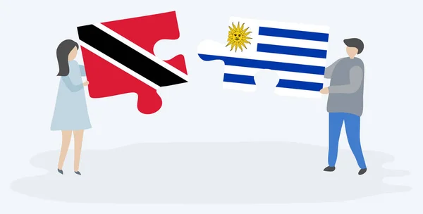 Casal Segurando Dois Quebra Cabeças Com Bandeiras Trinidadianas Uruguaias Trinidad —  Vetores de Stock