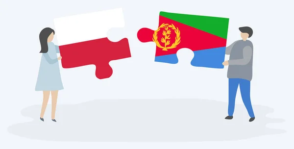 Para Trzyma Dwa Puzzle Kawałki Polskich Erytrean Flagi Polskie Erytrei — Wektor stockowy