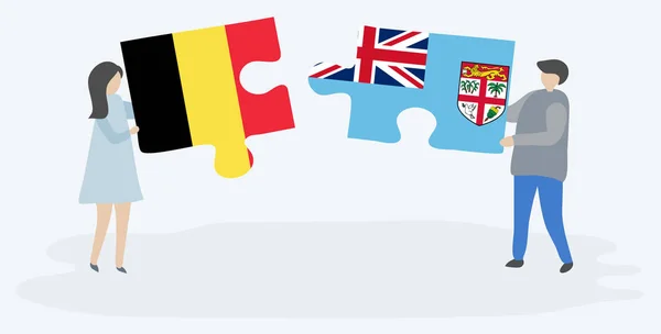 Pareja Sosteniendo Dos Piezas Rompecabezas Con Banderas Belgas Fiyianas Bélgica — Vector de stock
