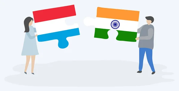 Couple Tenant Deux Pièces Puzzles Avec Drapeaux Luxembourgeois Indiens Luxembourg — Image vectorielle