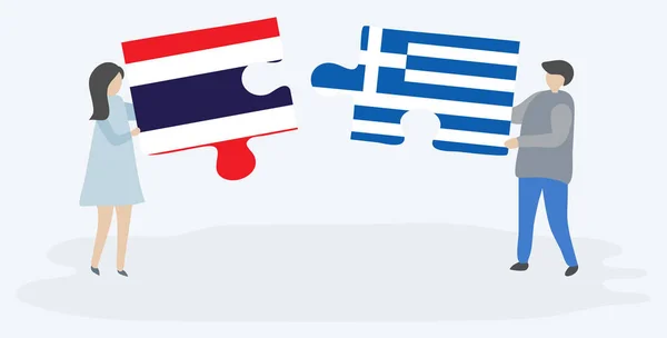 Ζευγάρι Που Κρατά Δύο Κομμάτια Παζλ Ταϊλανδικές Και Ελληνικές Σημαίες — Διανυσματικό Αρχείο