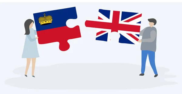 Pareja Sosteniendo Dos Piezas Rompecabezas Con Liechtenstein Banderas Británicas Liechtenstein — Vector de stock