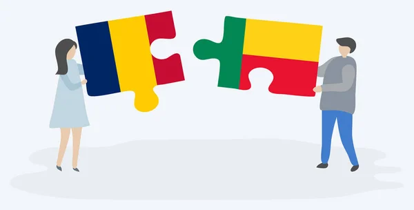 Pareja Sosteniendo Dos Piezas Rompecabezas Con Banderas Chadianas Beninesas Chad — Vector de stock