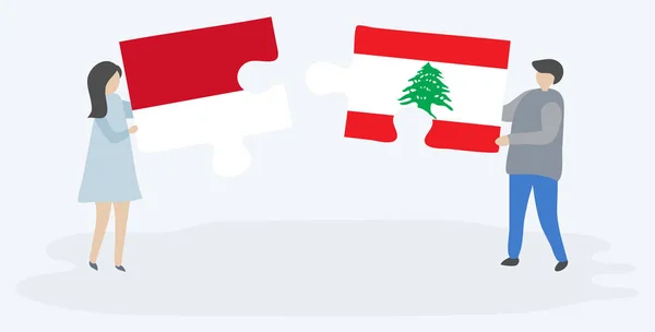 Casal Segurando Duas Peças Quebra Cabeças Com Bandeiras Indonésias Libanesas —  Vetores de Stock