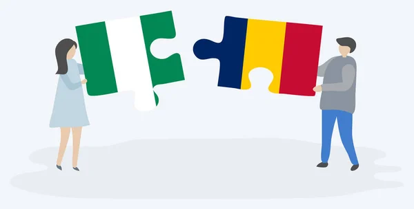 Para Trzymania Dwóch Puzzli Nigerii Czadu Flagi Nigeria Czad Symbole — Wektor stockowy