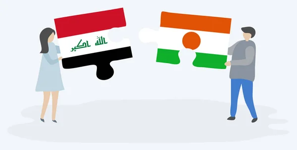 イラクとナイジェリアの旗を持つ2つのパズルのピースを保持しているカップル イラクとニジェールのシンボルが一緒に — ストックベクタ