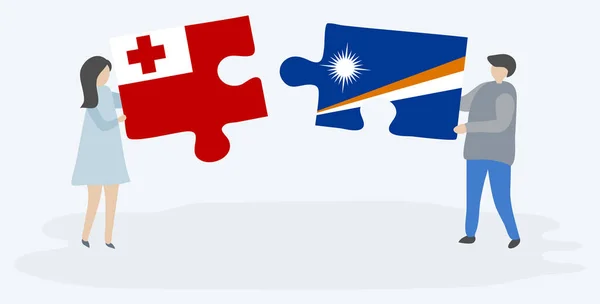 Pareja Sosteniendo Dos Piezas Rompecabezas Con Banderas Tonga Marshallese Tonga — Archivo Imágenes Vectoriales