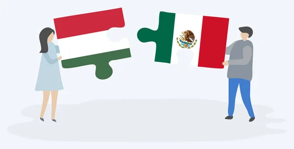 一对夫妇拿着两块拼图 上面挂着匈牙利和墨西哥国旗 匈牙利和墨西哥国家符号在一起 — 图库矢量图片