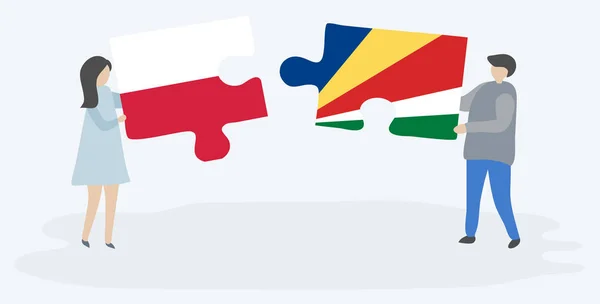 Ζευγάρι Που Κρατάει Δύο Κομμάτια Παζλ Σημαίες Πολωνών Και Σεϋχελλών — Διανυσματικό Αρχείο