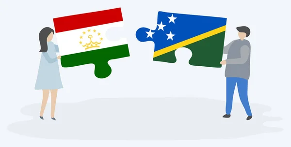 Пара Держащая Две Головоломки Флагами Таджикистана Соломона Государственные Символы Таджикистана — стоковый вектор