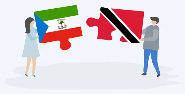 Casal Segurando Dois Quebra Cabeças Com Bandeiras Guineenses Trinidadianas Guiné —  Vetores de Stock