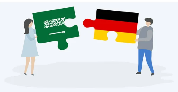 Paar Houden Twee Puzzels Stukken Met Saoedi Arabische Duitse Vlaggen — Stockvector