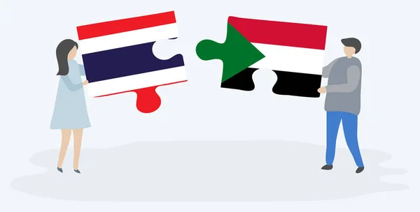 タイとスーダンの旗を持つ2つのパズルのピースを保持しているカップル タイとスーダンのシンボルが一緒に — ストックベクタ