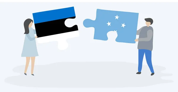 Pareja Sosteniendo Dos Piezas Rompecabezas Con Banderas Estonia Micronesia Estonia — Archivo Imágenes Vectoriales