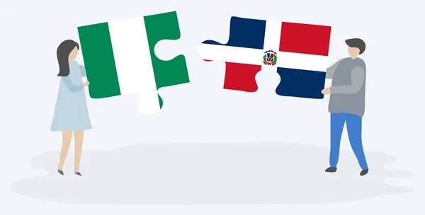 Pareja Sosteniendo Dos Piezas Rompecabezas Con Banderas Nigerianas Dominicanas Nigeria — Vector de stock