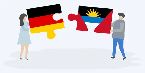 Couple Holding Two Puzzles Pieces German Antiguan Flags Germany Antigua — Stock Vector