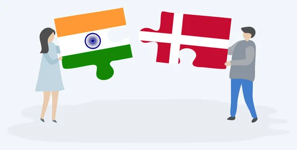 Pareja Sosteniendo Dos Piezas Rompecabezas Con Banderas Indias Danesas India — Vector de stock